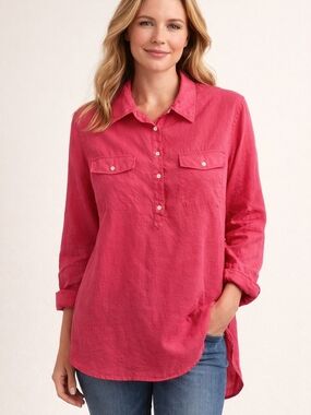 Lauren Ralph Lauren Pink Linen Blouse Button Front Lightweight Summer Top